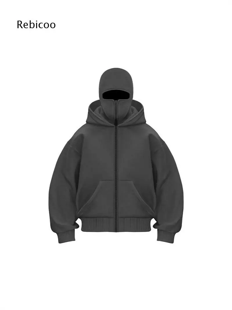 Casual Full Zip Hooded Sweatshirt With Attached Face Cover Kanga Pocket Designed For Daily Looks And Outdoor Activities