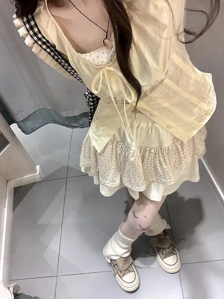 Sweet Floral Two-Piece Set for Women Summer Dopaamine Adorable Shirt Cake Skirt Fashionable Ensemble Cute Girl Style - view 2