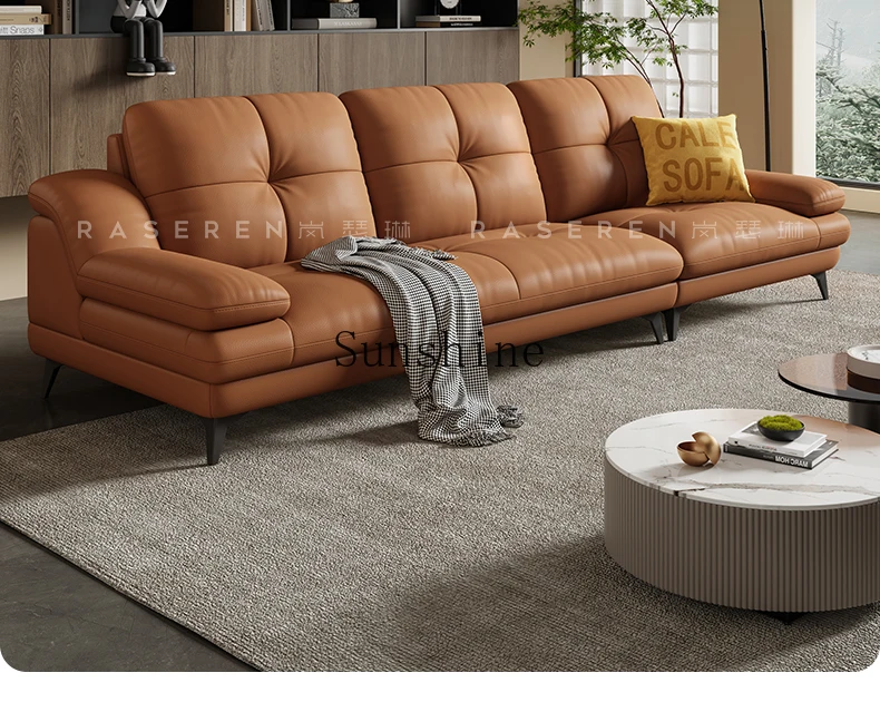 Sofa first layer cowhide living room small apartment straight row Italian cream style caramel color