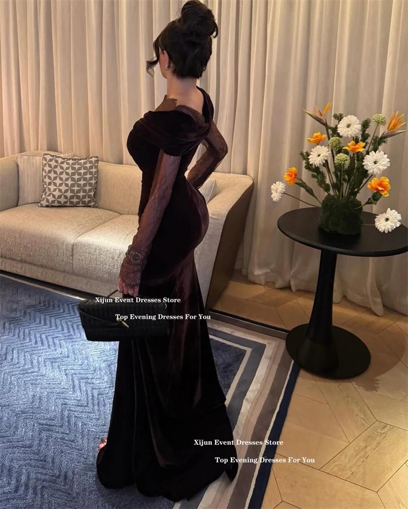 Xijun Luxury Velvet Mermaid Evening Dresses Lace Full Sleeves Dubai Prom Dresses Pleated Formal Occasion Women Prom Gowns Custo