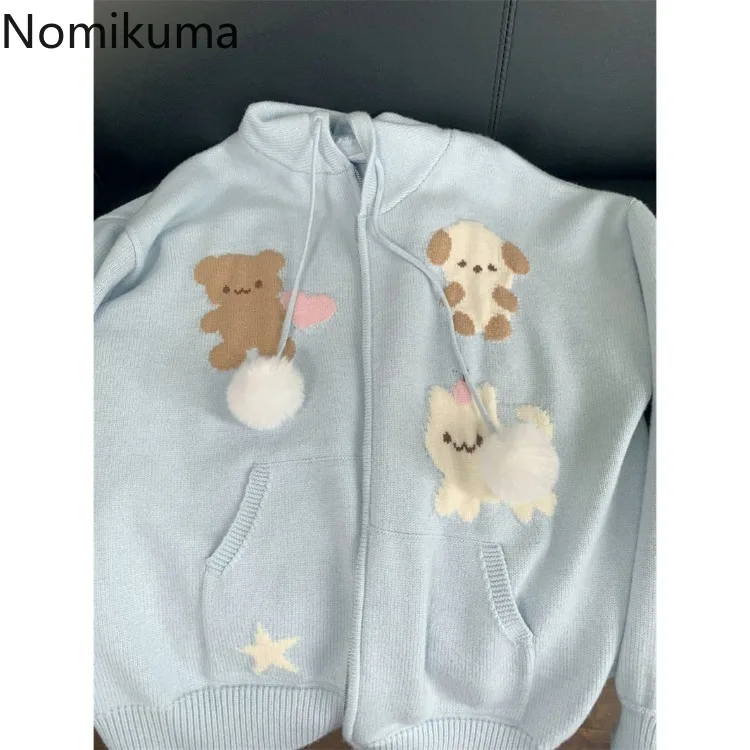 Dzianinowe swetry damskie Cartoon z kapturem, na suwak Pull Femme 2023 Ropa Mujer Casual moda koreańska dzianina bluzki sweter 7 m876