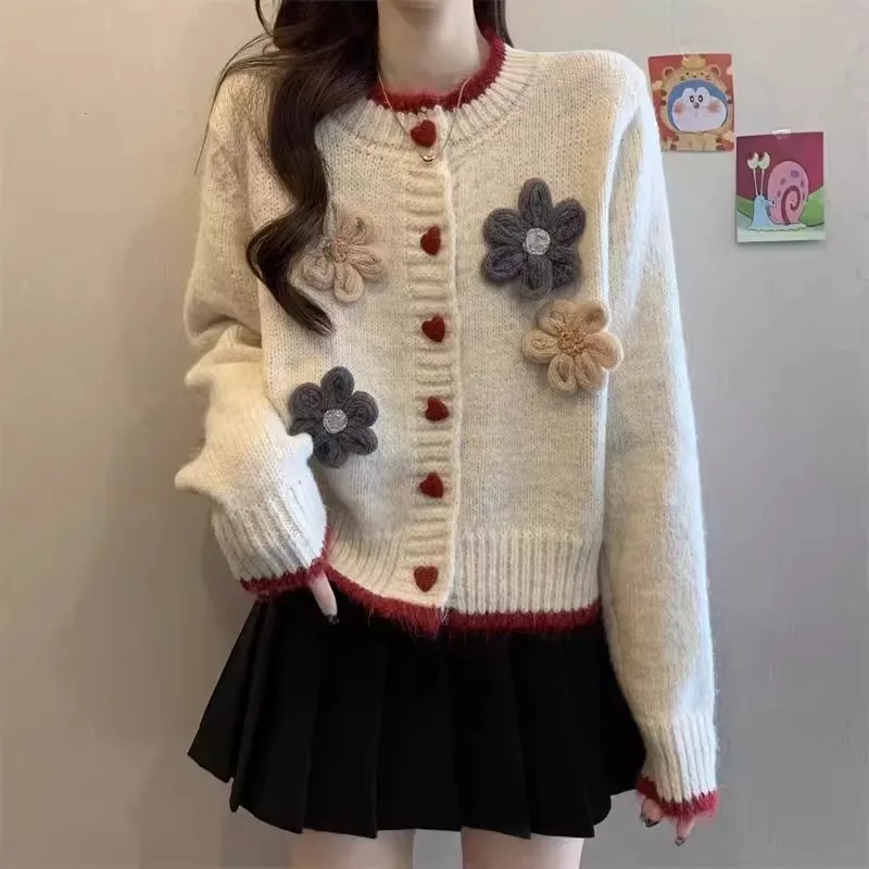 Cardigan Women Coats Vintage Round Neck Floral Jackets Full Sleeve Y2k Streetwear Elegant Knit Open Stitch Autumn Winter 2026