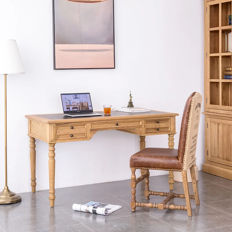 مكتب مكتب ثلاثي المضخات من خشب البلوط الريفي على الطراز الأمريكي، مكتب كمبيوتر على الطراز الأوروبي، مكتب كتابة بسيط، قراءة من الخشب الصلب #2