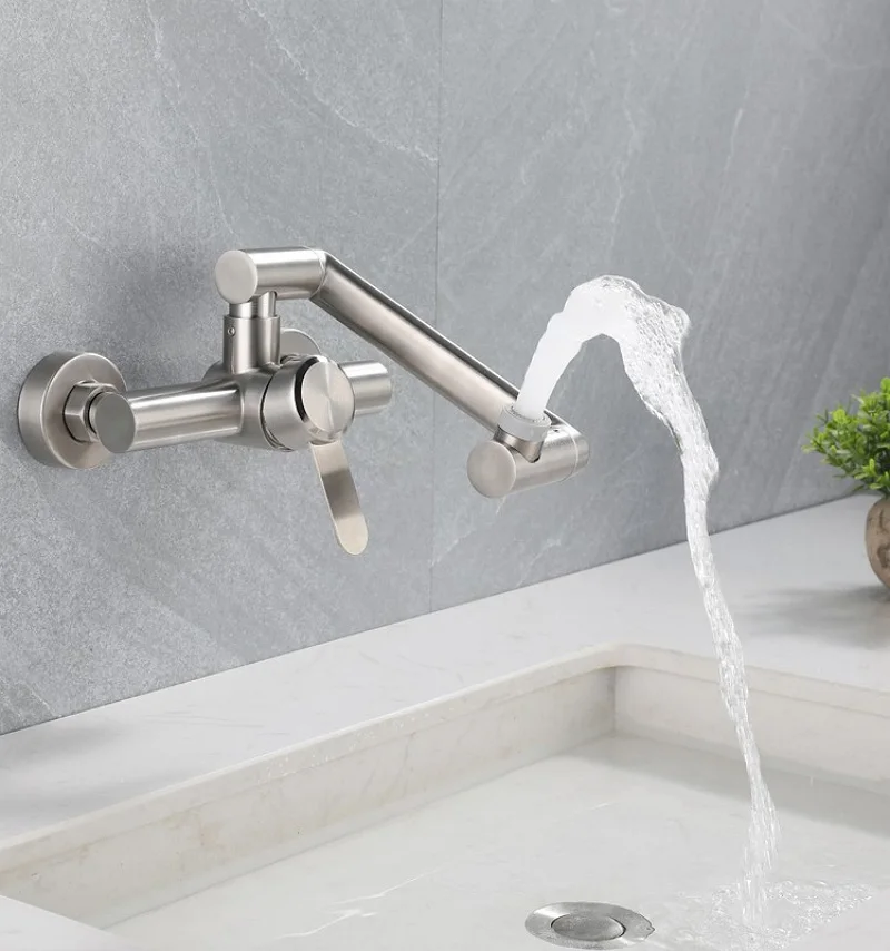Stainless Steel Foldable Basin Faucet Wall Mounted Bathroom Kitchen Sink Washbasins Cold Hot Water Mixer Tap 360 Degree Swivel