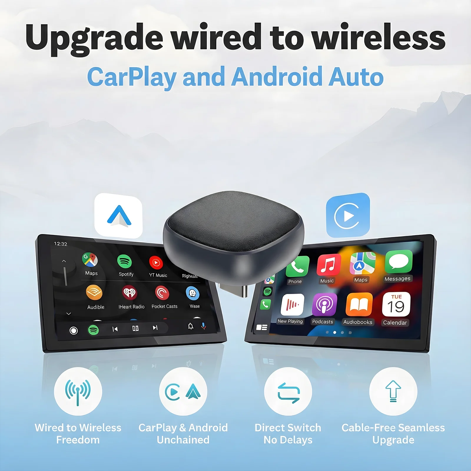 Wireless CarPlay/Android Auto Dual-Use Adapter with USB-C Port, Button, Top Touch Switch, Leather Texture, Quick Auto Connect, P
