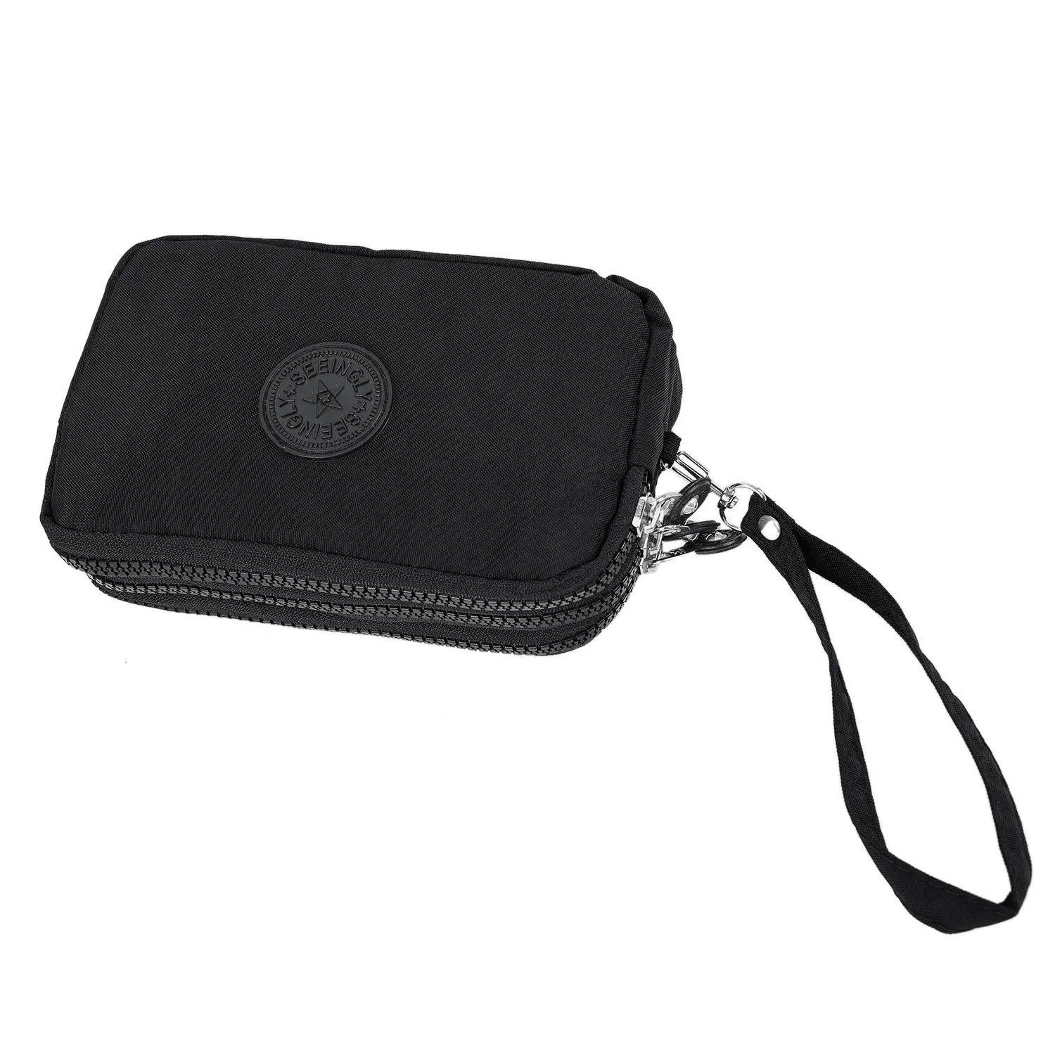 Women Small Wallet Washer Wrinkle Fabric Phone Purse Three Zippers Portable Make Up bag Black