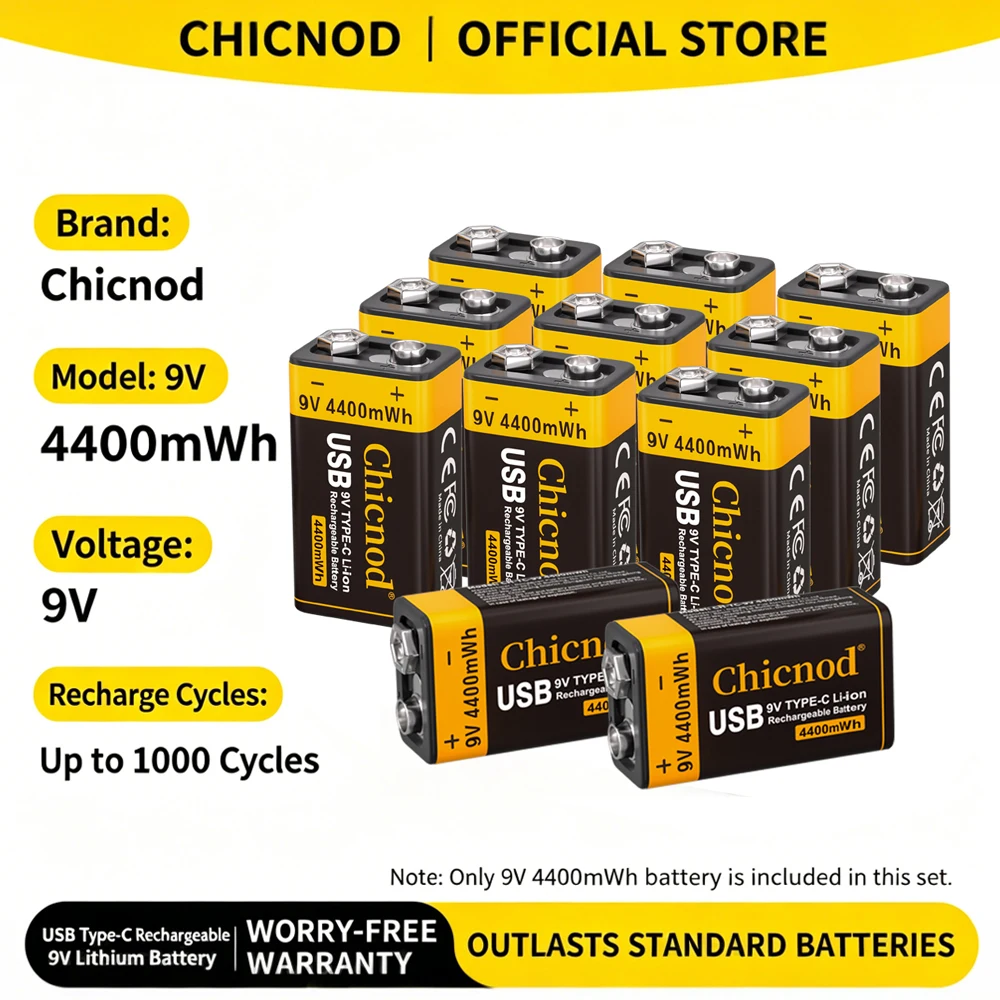 CHICNOD 9V Rechargeable Battery 4400mWh USB Type C Li-ion Battery 9 Volt Rechargeable Battery for Guitar Pedal Multimeter