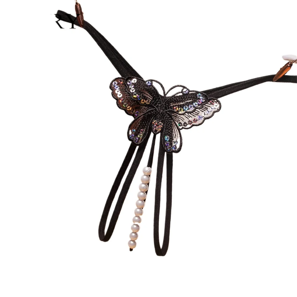 2025 New Sequins Embroidery Butterfly Pearl Panties Sexy Lingerie Sex Thong Women's Erotic Open Crotch Underwear Massage Panties