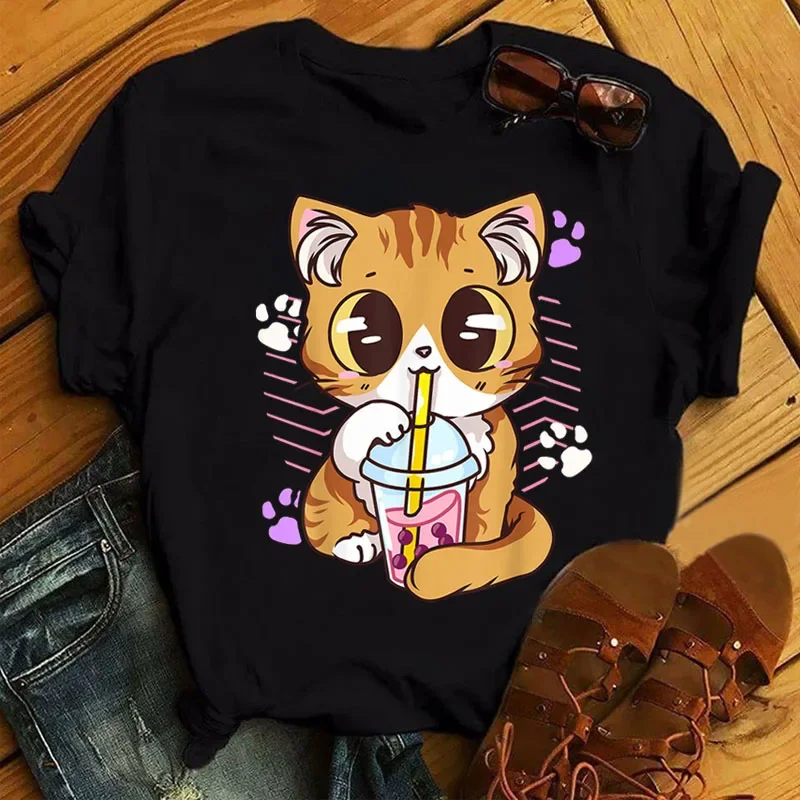 Camiseta con estampado de té de leche de dibujos animados Kawaii para mujer, camisetas casuales de moda para niñas de los años 9