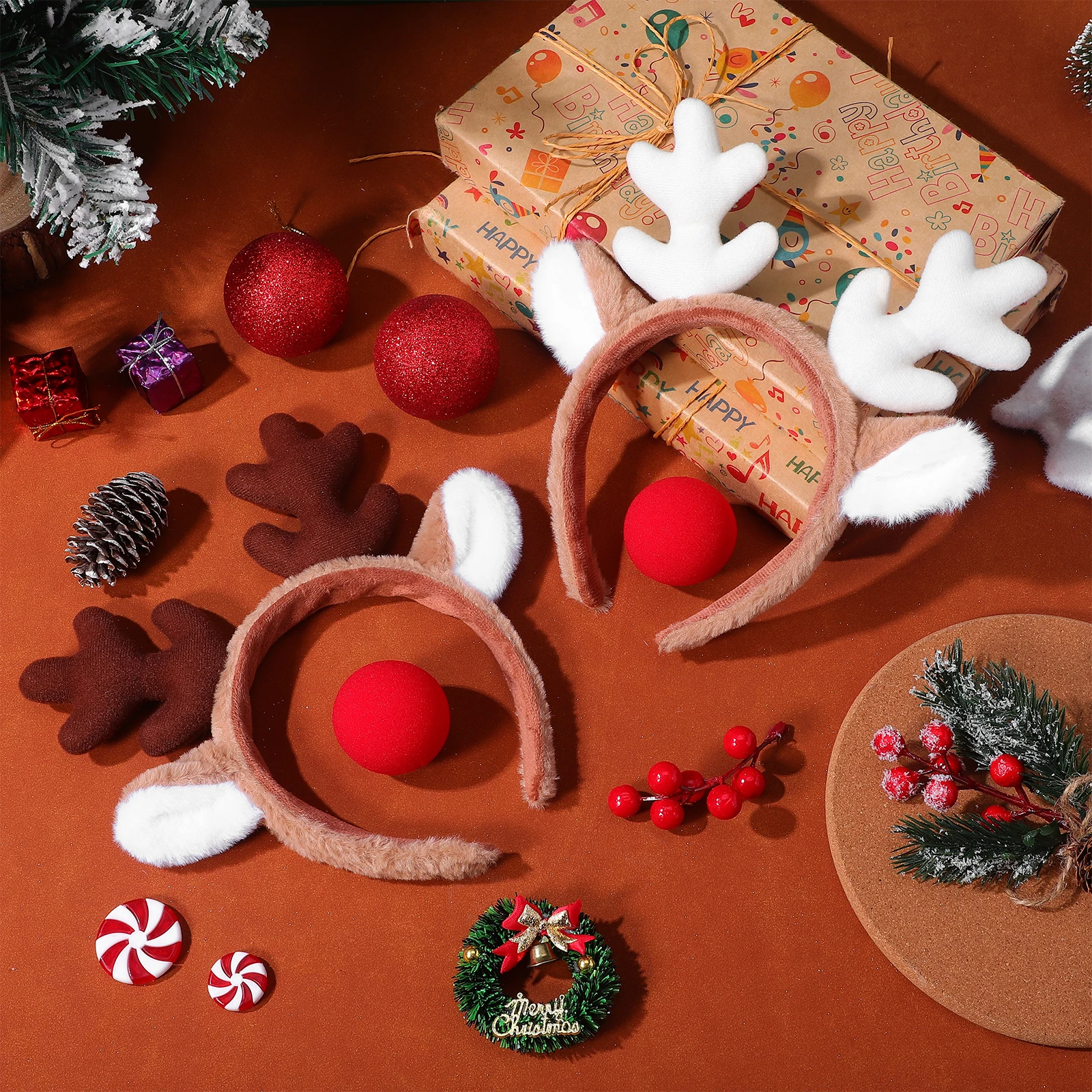 

2Sets Reindeer Antler Headband and Red Nose Set Festive Christmas Hair Accessory for Adults Children Lightweight Fun Holiday