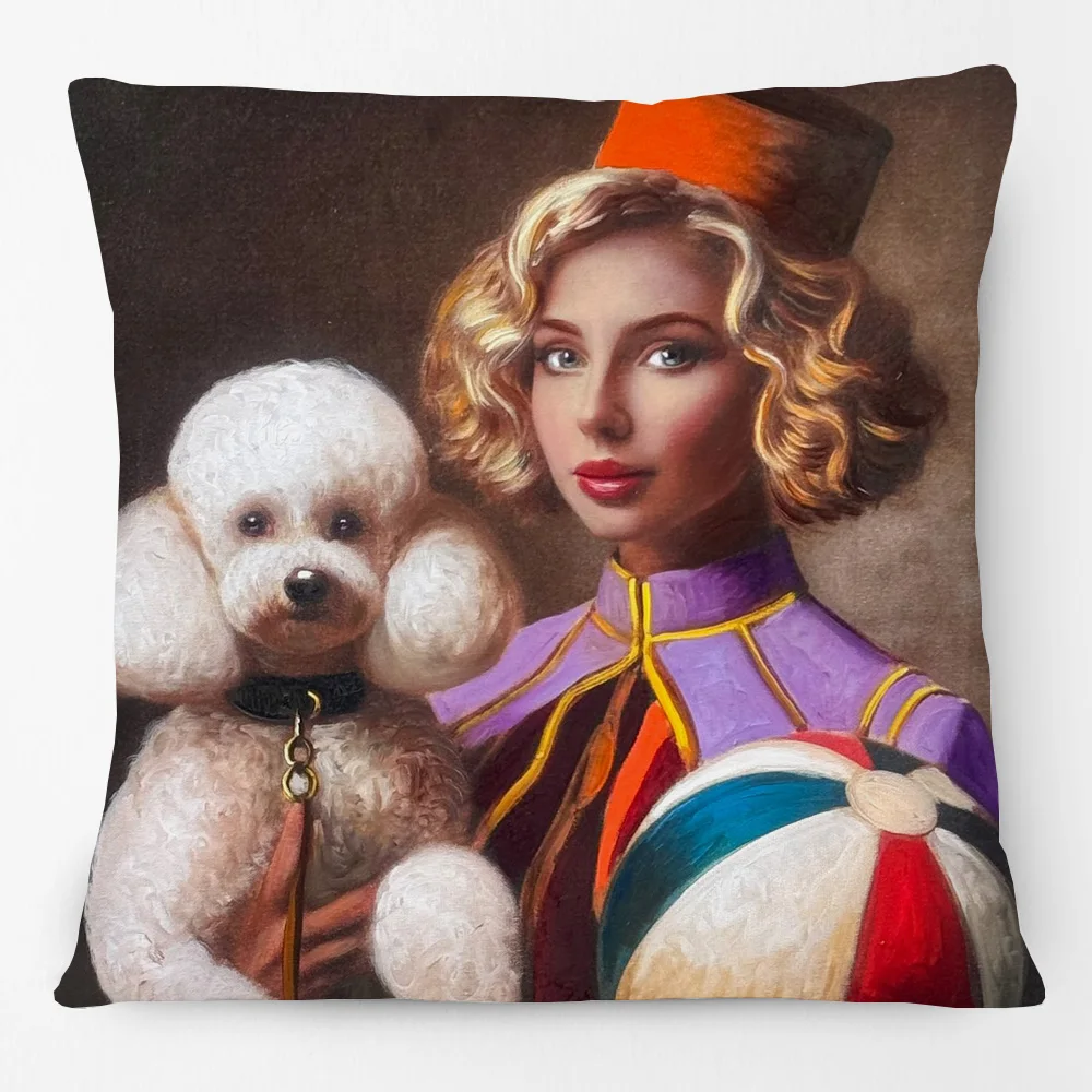 Colorful Painting Portrait With Bunny Rabbit Poodle Dog Bird Parrot Print Cushion Cover Pillow Case