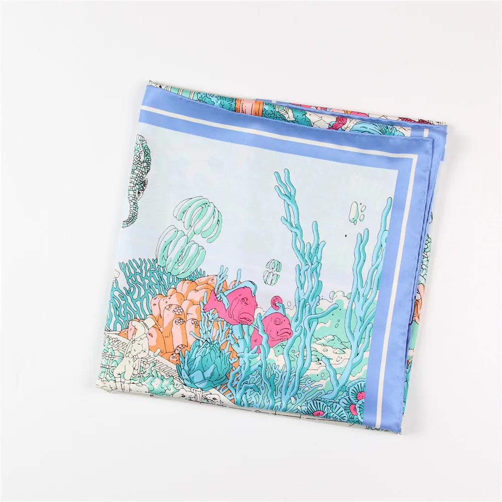 

90CM Manual Hand Rolled Twill Silk Scarf Women Ocean City Square Scarves Wraps Echarpes Curled Foulards Female Bandana Hijabs