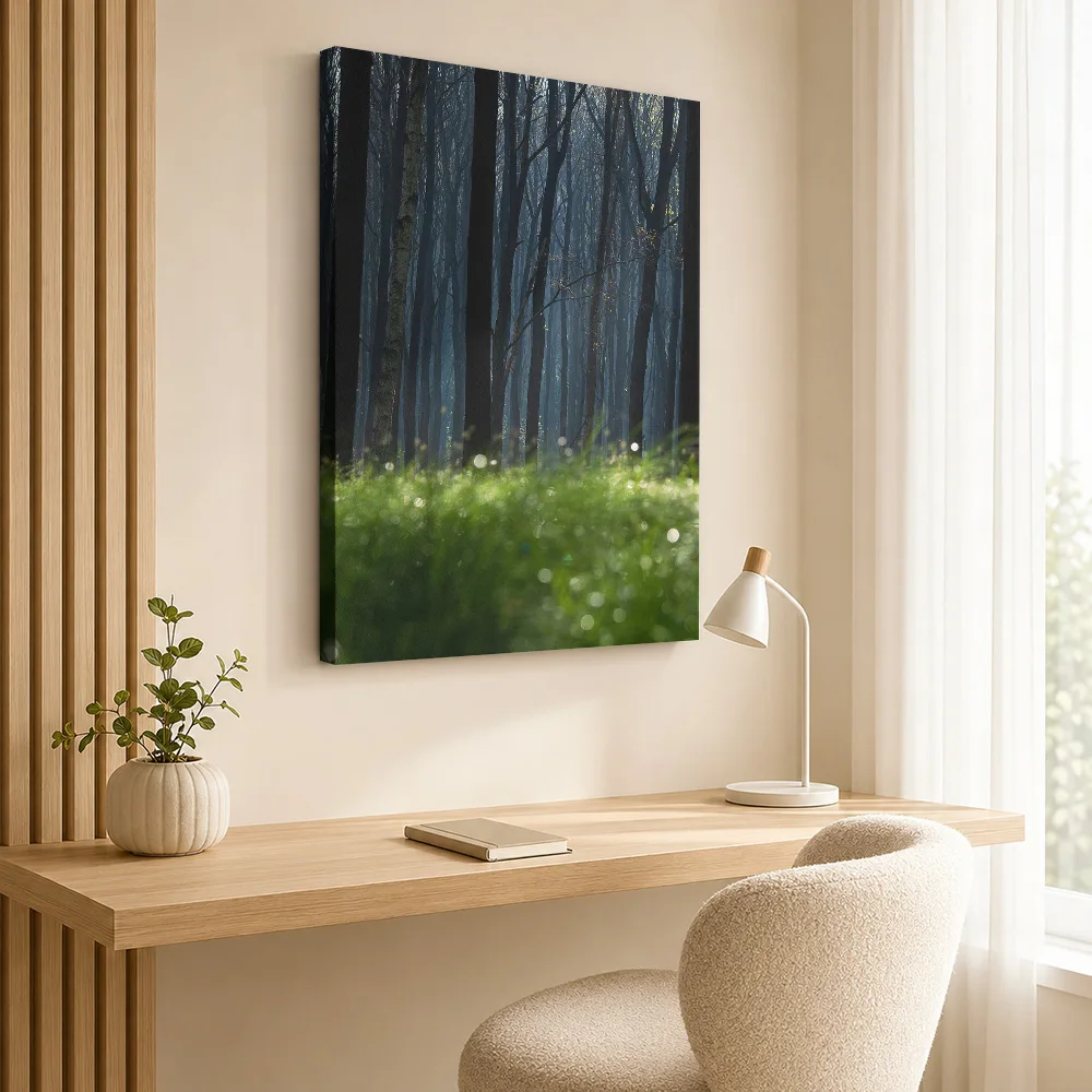 Misty Forest Morning With Green Grass Canvas Print Personalized Photo Contemporary Wall Art For Home Office, Nature Lover Gift