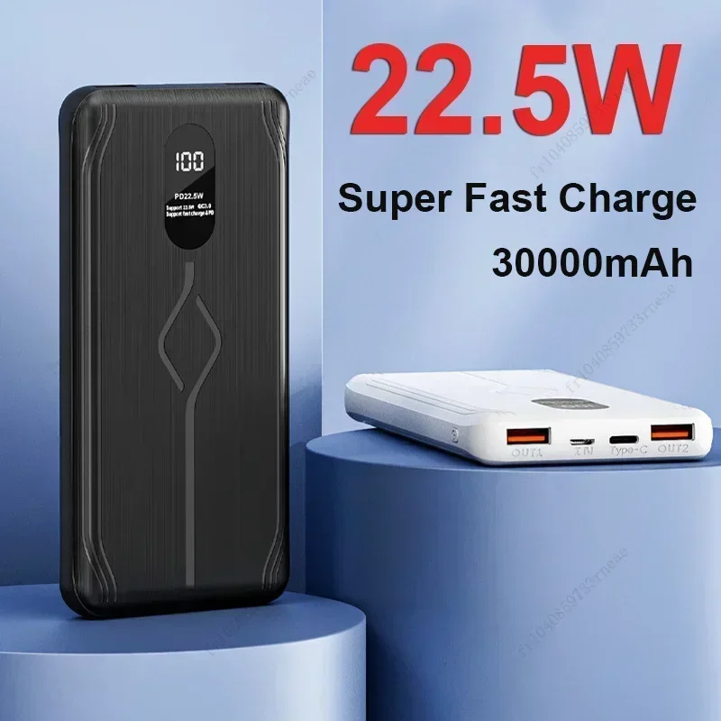 22.5W Super Fast Charge Power Bank Portable 30000mAh Charger Digital Display External Battery Pack for iPhone Huawei QC3.0