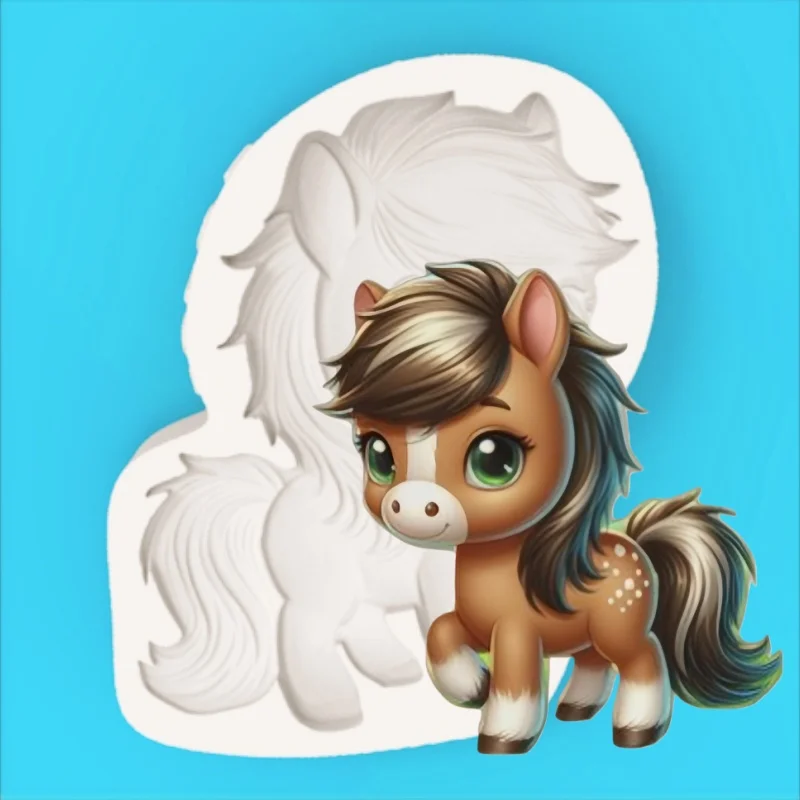 ​ ​ Healing-Themed Little Pony Mold with Big Eyes and Smiling Expression, Silicone Mold for Making Fondant Chocolate