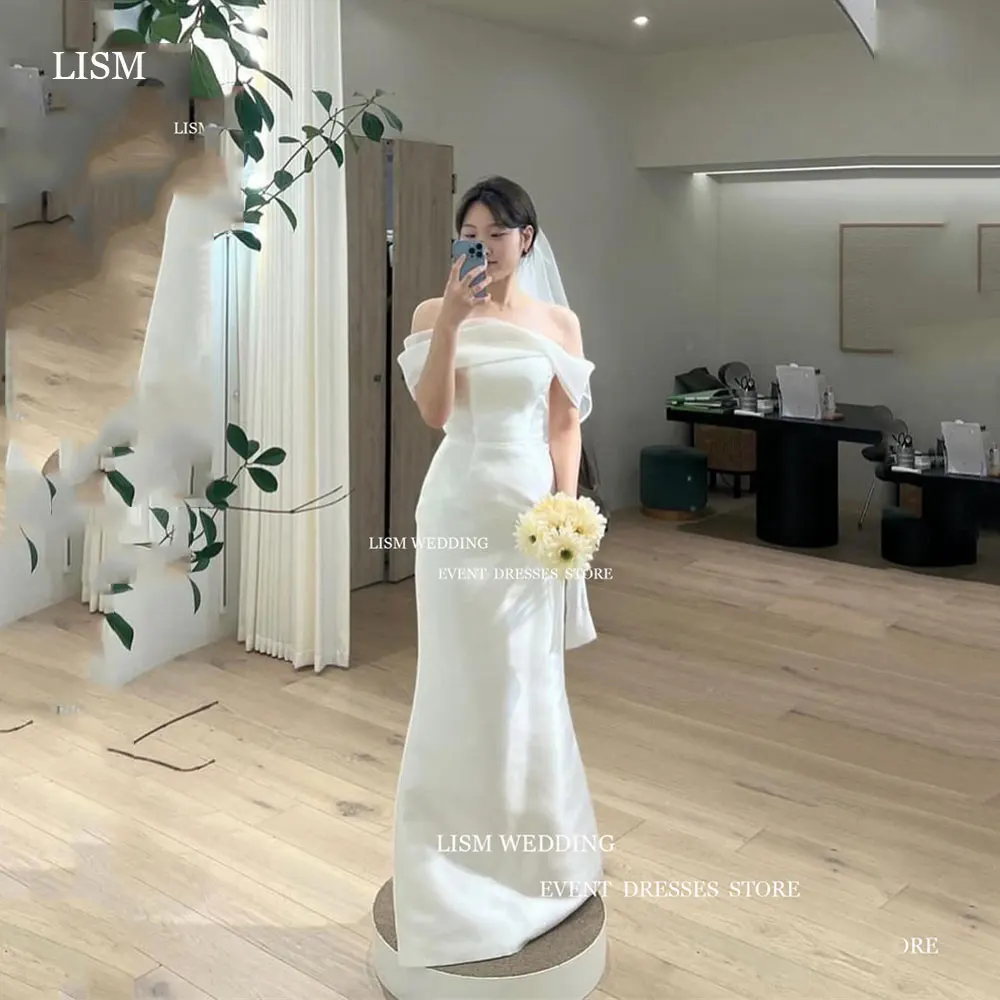 

LISM 2024 Simple Mermaid Wedding Dress Off Shoulder Floor Length Bridal Gown Sleeveless Satin신부 예복 With Veil Custom Made