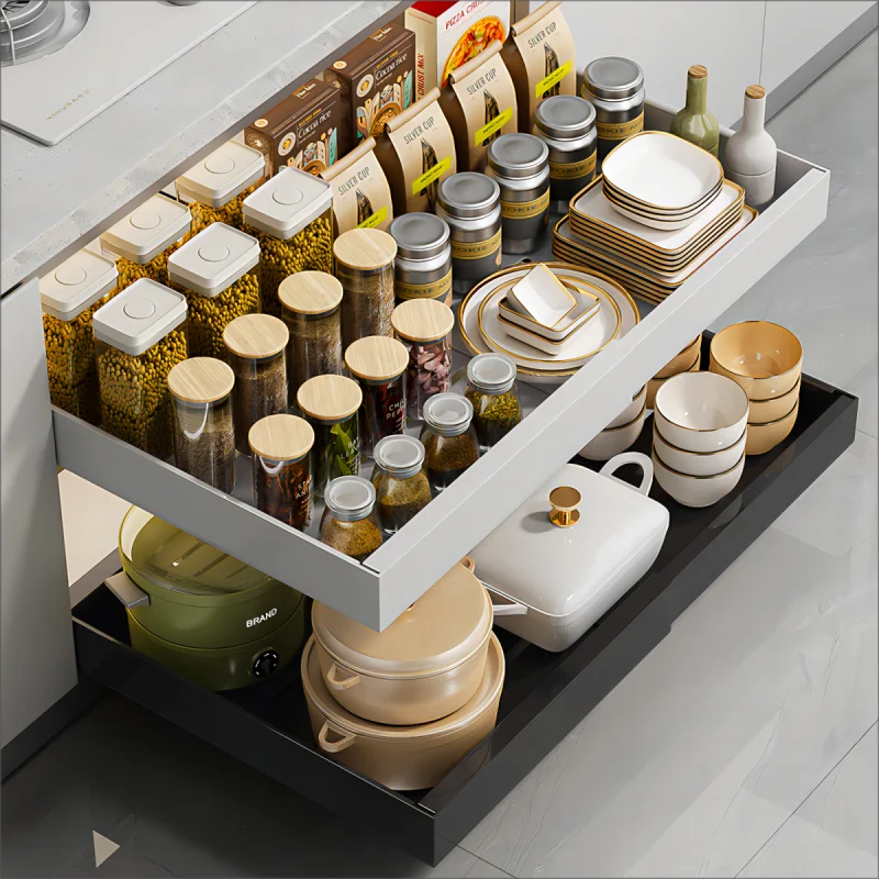 Retractable Metal Storage Drawers Adjustable width Condiment Storage Baskets Non-perforated Cabinets Pull-out Shelving