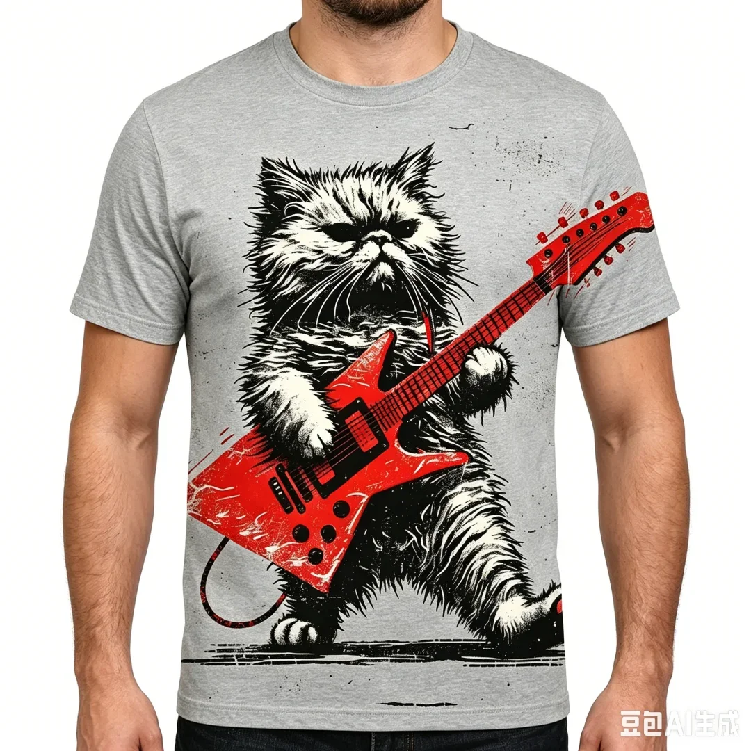 Hip-Hop Rock Katzen-Print T-Shirt Lustiges Tier-Grafik-T-Shirt für Männer Modische Herren-Streetwear Lässiger Rundhals Kurzarm-Oberteil