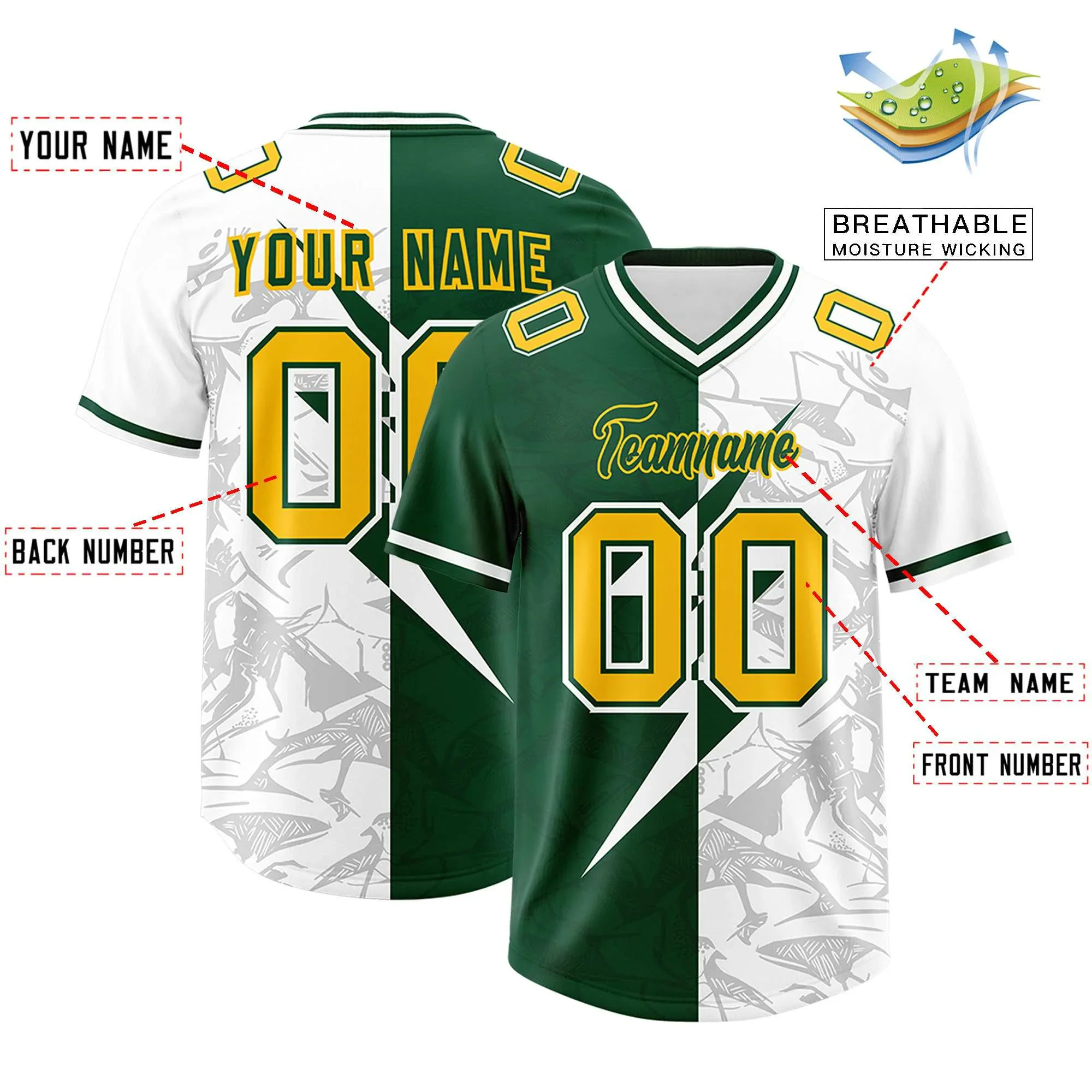 Custom Split Personalized Lightning Pattern Football Jersey Personalized Team Name and Your Name, Number V-Neck T-Shirts view 2