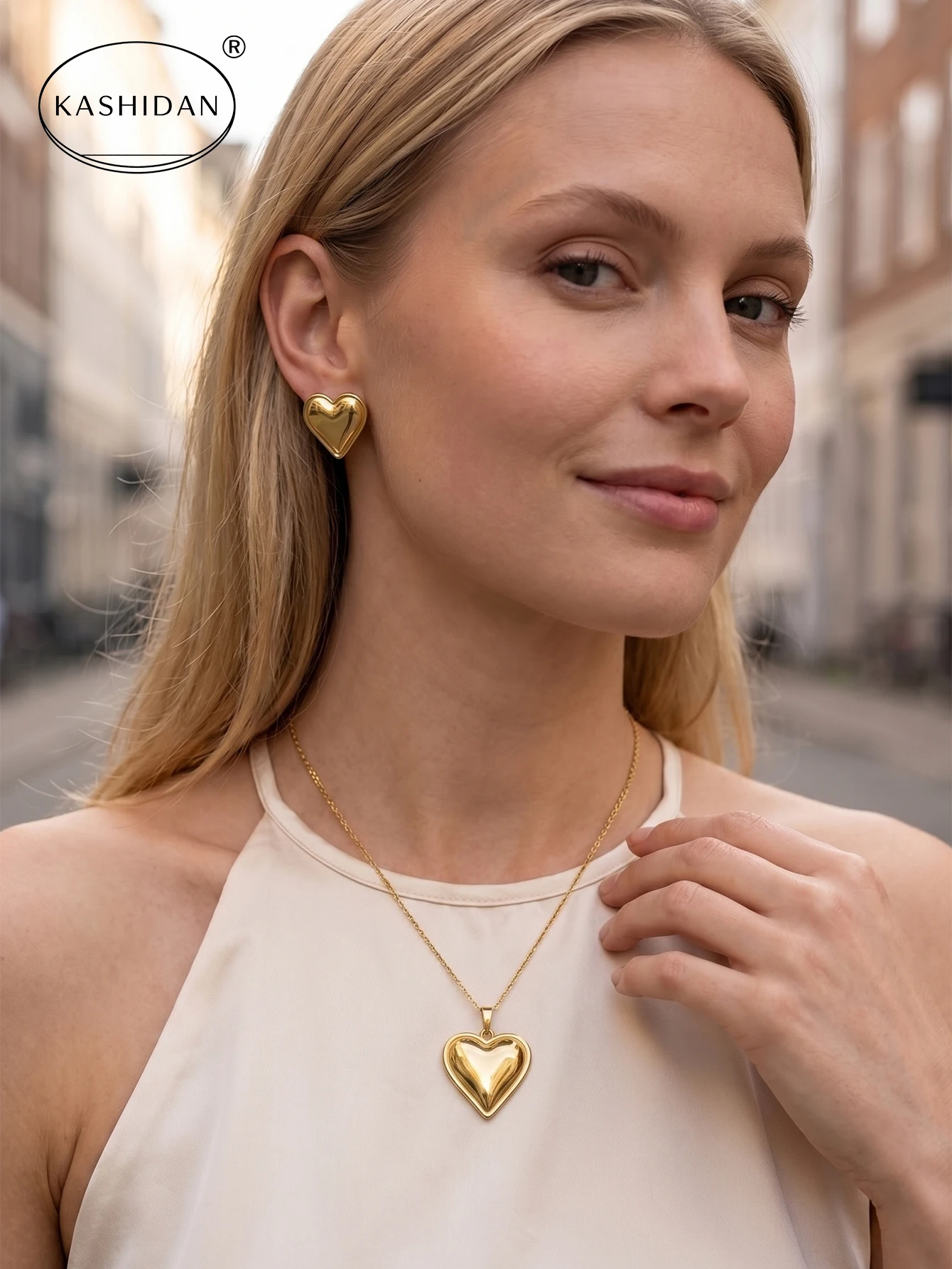 Stainless Steel Gold Plated Puff Heart Flower Pendant Necklace Stud Earrings Set Vintage Romantic Jewelry for Women