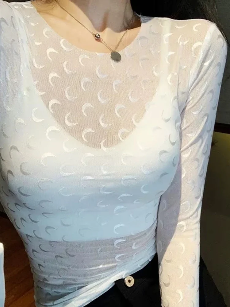 女性用長袖Tシャツ,プリントメッシュ,カジュアル,日焼け止め,シルク,インナーレイヤー,春,秋のファッション