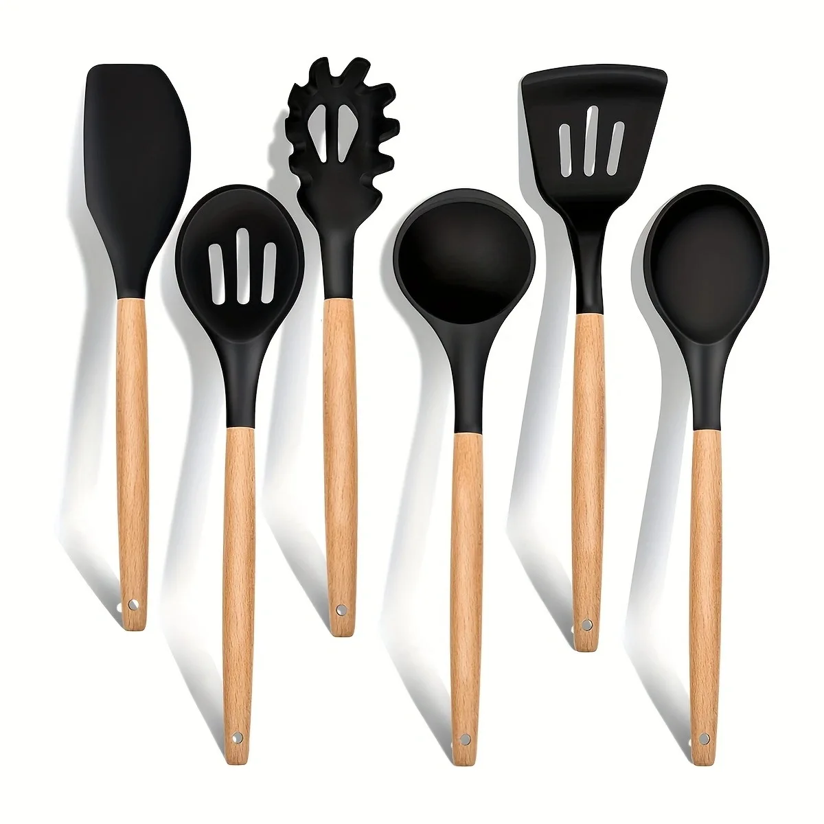 

Black Silicone Kitchenware Set, Non-stick Pan, Heat-Resistant, Wooden Handle, Soup Spoon, 6 Pcs