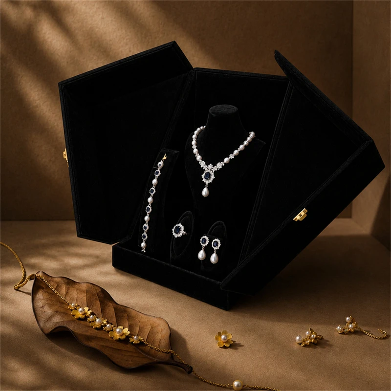 Black Velvet Double-Door Jewelry Display Storage Box, 25x25x35cm, for Necklace Ring Pendant Earring, Large Capacity