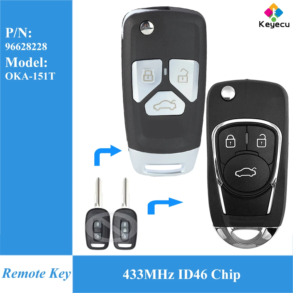 

KEYECU Upgraded Flip Remote Car Key With 3 Buttons 433MHz ID46 Chip Fob for Chevrolet Captiva 2006-2010 Model: OKA-151T 96628228