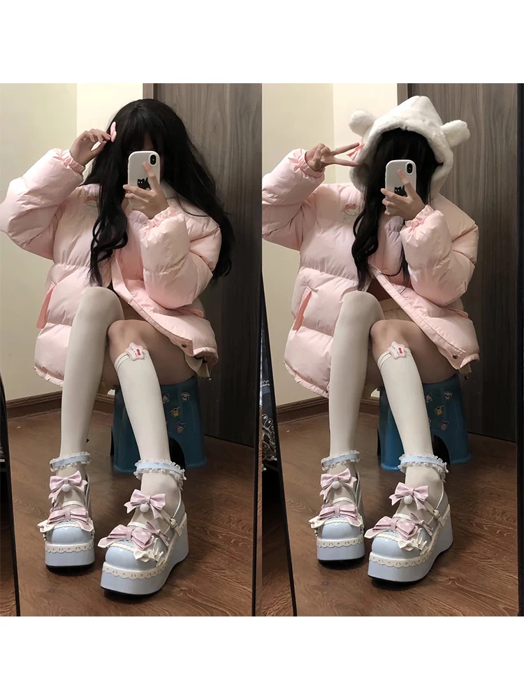 Cute Kit  Plu Hooded Jaet Women's Autumn Winter Thiened Bread Sle Cotton Coat Loose Fit College Sle Zipper Clo...