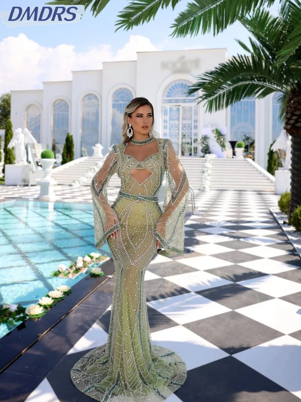 Luxury Dubai Mermaid Long Prom Gown Sexy Illusion Cocktail Dresses Sparkly Rhinestones Evening Dress Customized Robe De Mariée