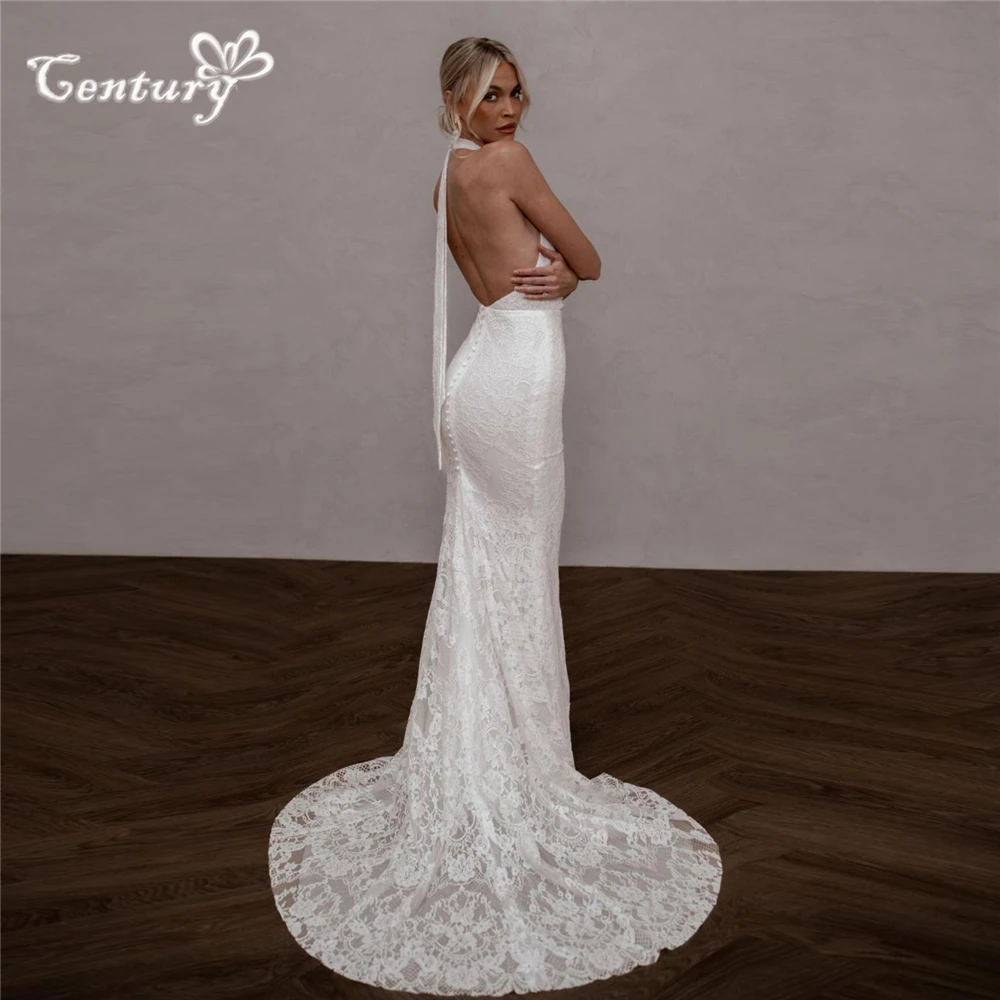 Boho laço vestido de casamento sereia vestidos de noiva halter pescoço sem costas praia vestidos de noiva personalizado