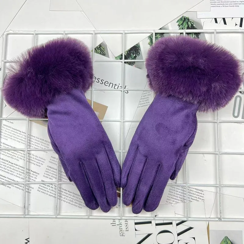 Winter Elegant Women\'s Gloves Fur Collar and Velvet Lady Finger Gloves Touch Screen Solid Color Mittens