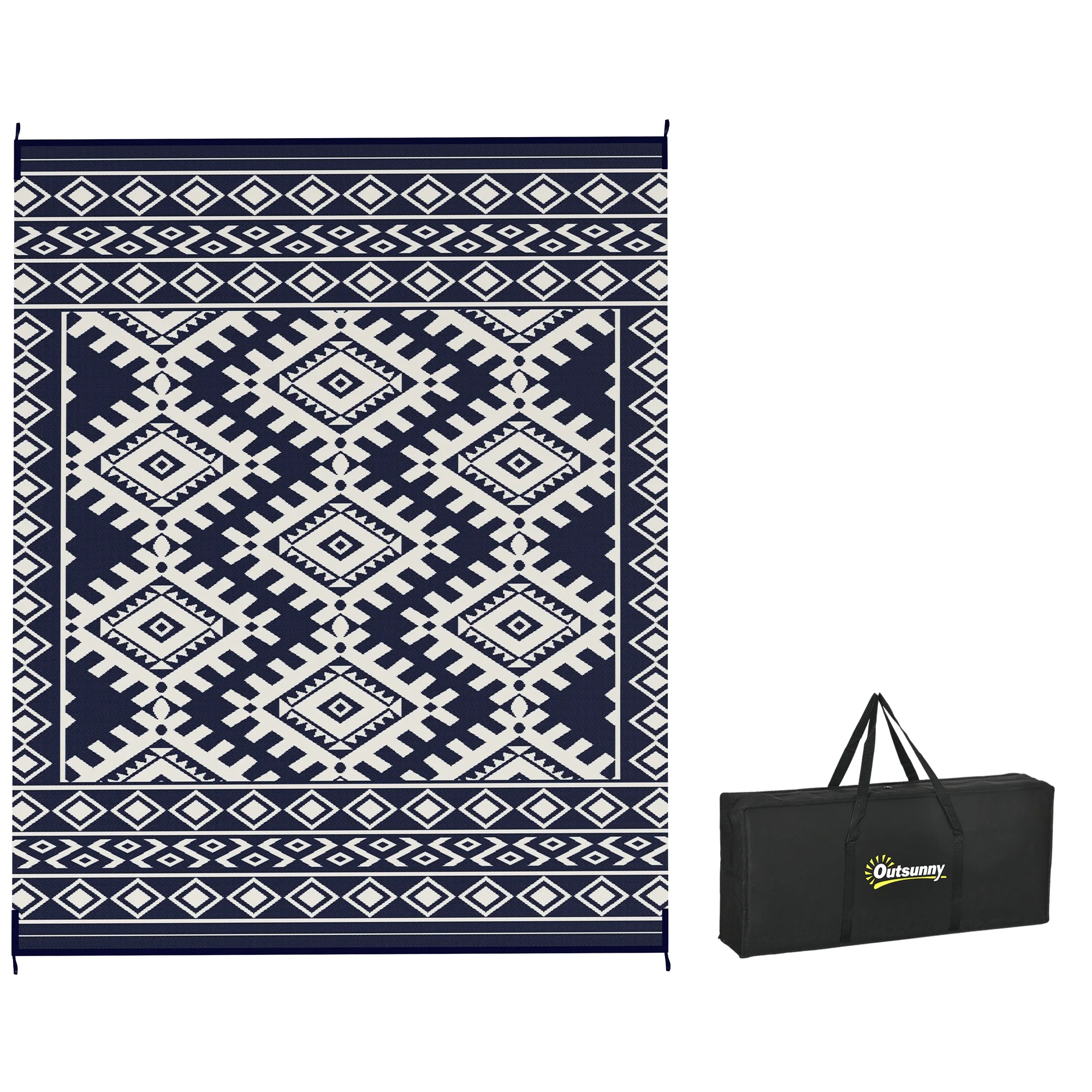 Reversible Outdoor Rug, Waterproof Plastic Straw with Carry Bag, 8' x 10', Blue & White Rhombus Border