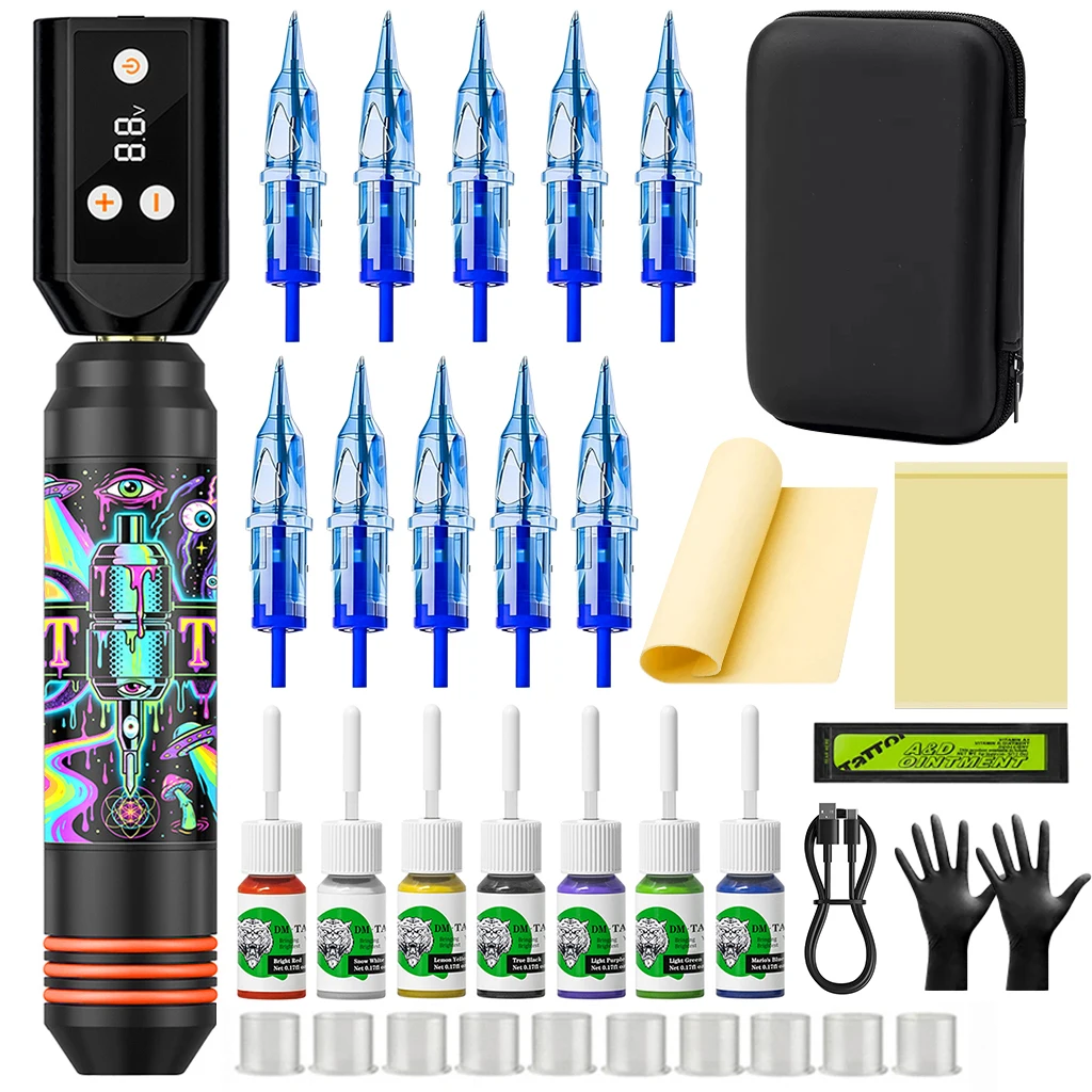 DM Black/Purple Tattoo Machine Kit Plastic Tattoo Pen Kit With 1200mAh Wireless Tattoo Battery With Tattoo Ink Cup Tattoo Needle