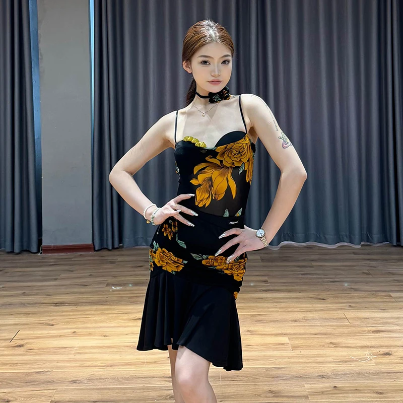 Vêtements de danse latine pour femmes adultes, body Sexy à bretelles, jupe irrégulière, robe de danse Rumba, vêtements de Performance pour Club Salsa, VBH1522