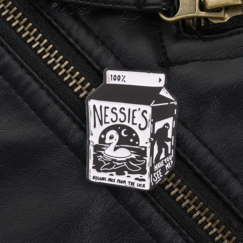Black White Loch Ness Monster Milk Box Enamel Brooch Bigfoot Print Lapel Pin Jewelry Gift For Cryptid Fans