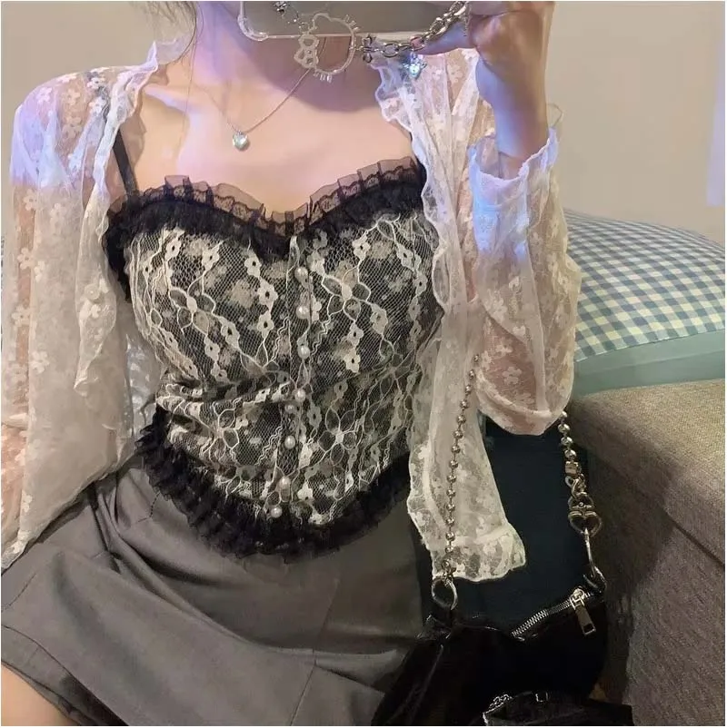 Strap vest for women embroidered pearl French breathable lace chest wrapped floral inner and outer patchwork top for women