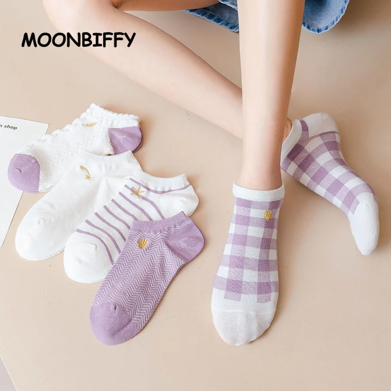 

Purple Women's Socks Thin Summer Shallow Mouth JK Japanese Sock Cute Sweet Embroidered Invisible Socks for Girls Calcetines