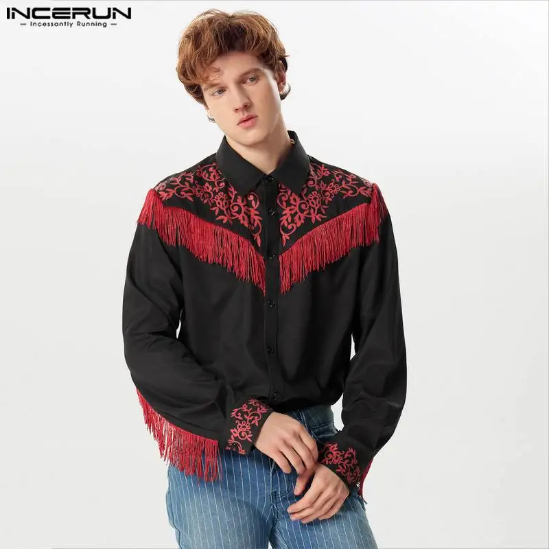 2024 Men Shirt Tassel Patchwork Printing Lapel Long Sleeve Streetwear Casual Men Clothing Fashion Leisure Camisas S-5XL INCERUN