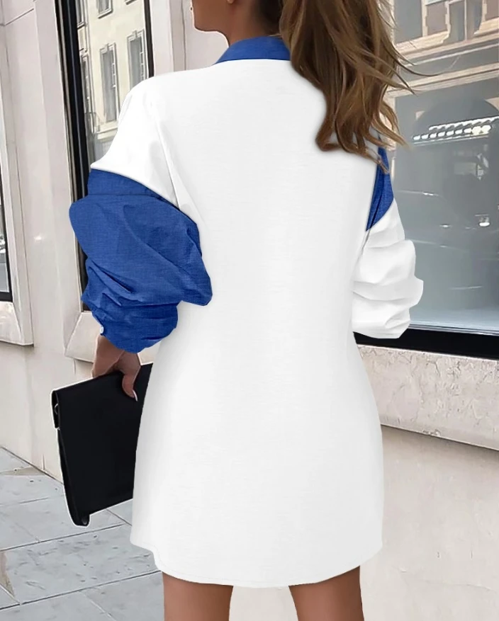 Womens Dresses 2024 Spring Fashion Colorblock Long Sleeve Button Front Turn-Down Collar Casual Straight Mini Shirt Dress