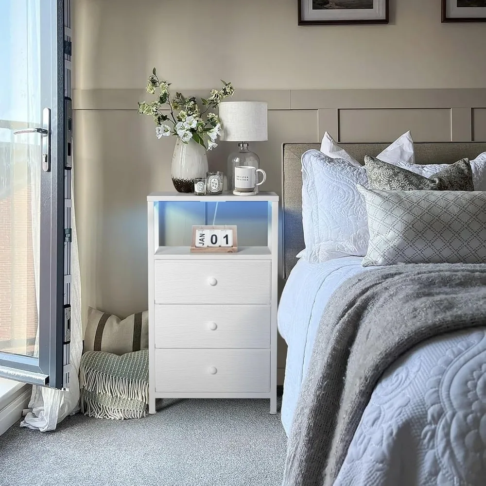 

White Night Stand with 3 Fabric Drawers, Nightstand with Charging Station LED Nightstand for Bedroom, Bedside Table with