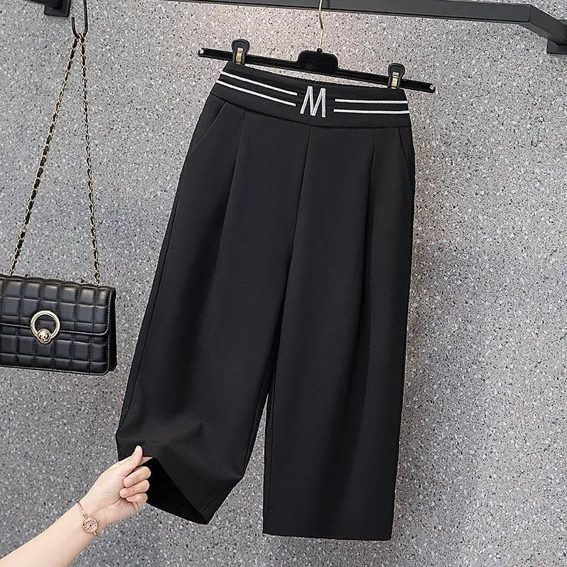 Calça elástica na cintura feminina no comprimento da panturrilha, roupa monocromática de verão, letra simplicidade, casual trimestral, extragrande, combina com tudo