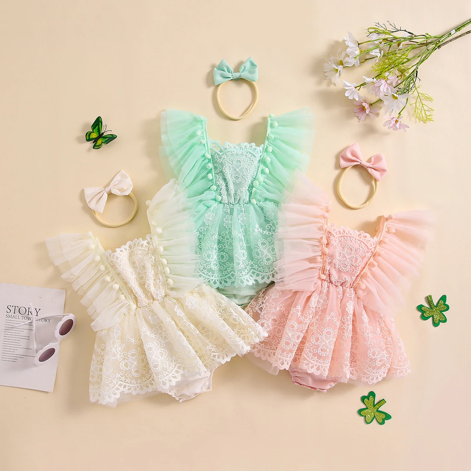 

Baby Girl 2Pcs Summer Outfits Fashion Ruffle Sleeveless Lace Romper Dress with Headband Set