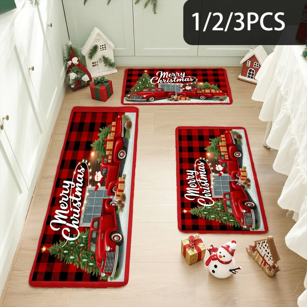 Of 1, 2, Or 3 Door Mats Featuring a Christmas Welcome Design, Suitable for The Kitchen Or Bathroom. This Flannel Mat Showcases a Red Plaid Pattern with a Christmas Truck, Making It a Wonderful Gift for Housewarming, Halloween