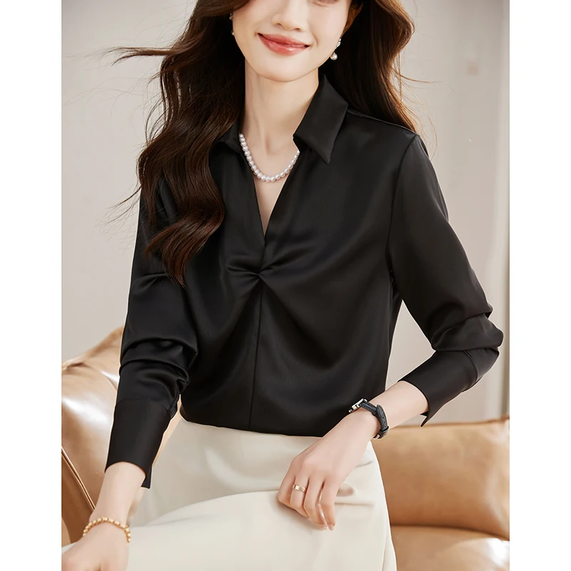 2024 Spring/Summer/Autumn New Korean Versatile V-neck Long sleeved Satin Shirt Women's Top T-shirt