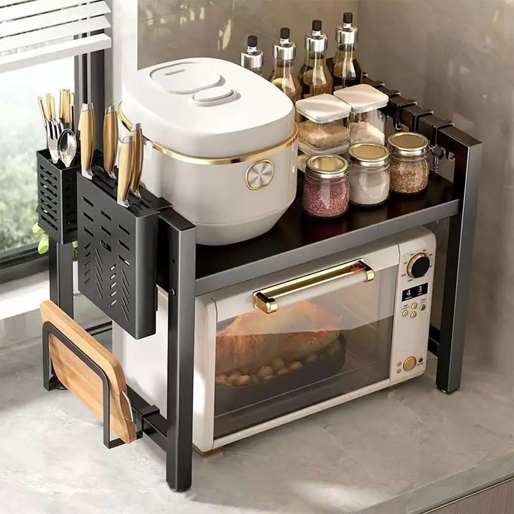 Expandable Microwave Stand with Storage Shelf, 6 Hooks, Chopsticks Holder, Kitchen Countertop