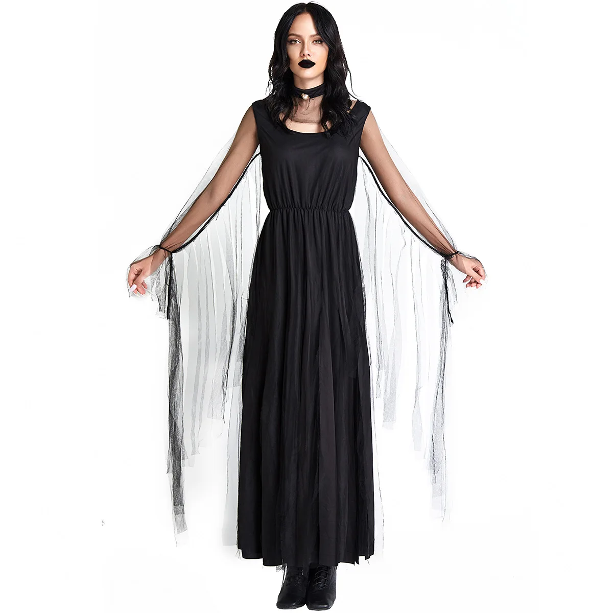 Fsia de loween para Adultos Vestido Longo de Noiva Zumbi Fsma Preto e Branco Vampiro Do Anjo Rainha Moda Fe...