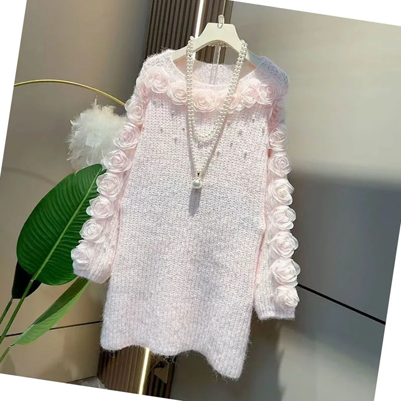 Lagenlook Knitted Hollow Rose Oversized Long Sleeve  Women's Dress Autumn Winter New Style Casual Comfortable Maxi Dres