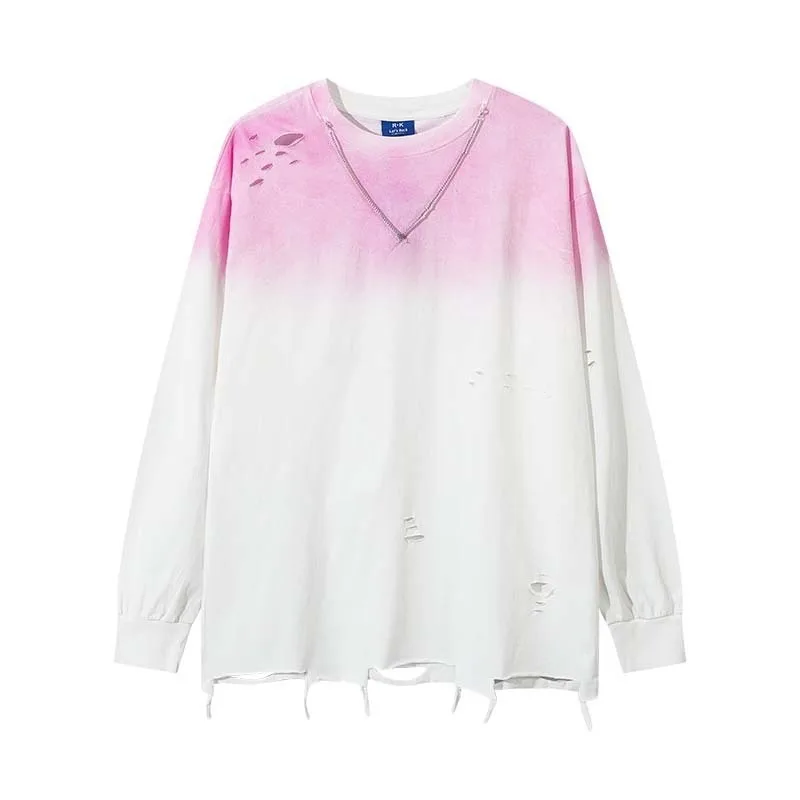 American Retro Dark Style Gradient Hole Color-blocking Round-neck Long-sleeved T-shirt Men Loose