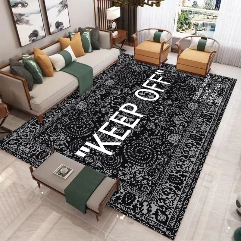 Vintage Keep Off Carpet - Black White Ornate Pattern with Bold Lettering Non-Slip Statement Rug for Entryway Decoration Fashion